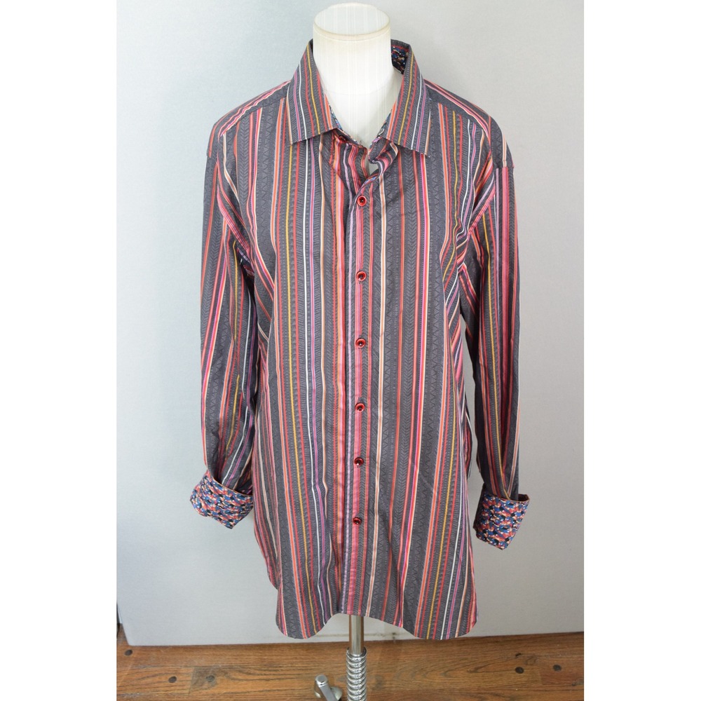 Robert Graham Shirt XL Grey Orange Stripe Sheep Print Classic Fit Mens Button Up